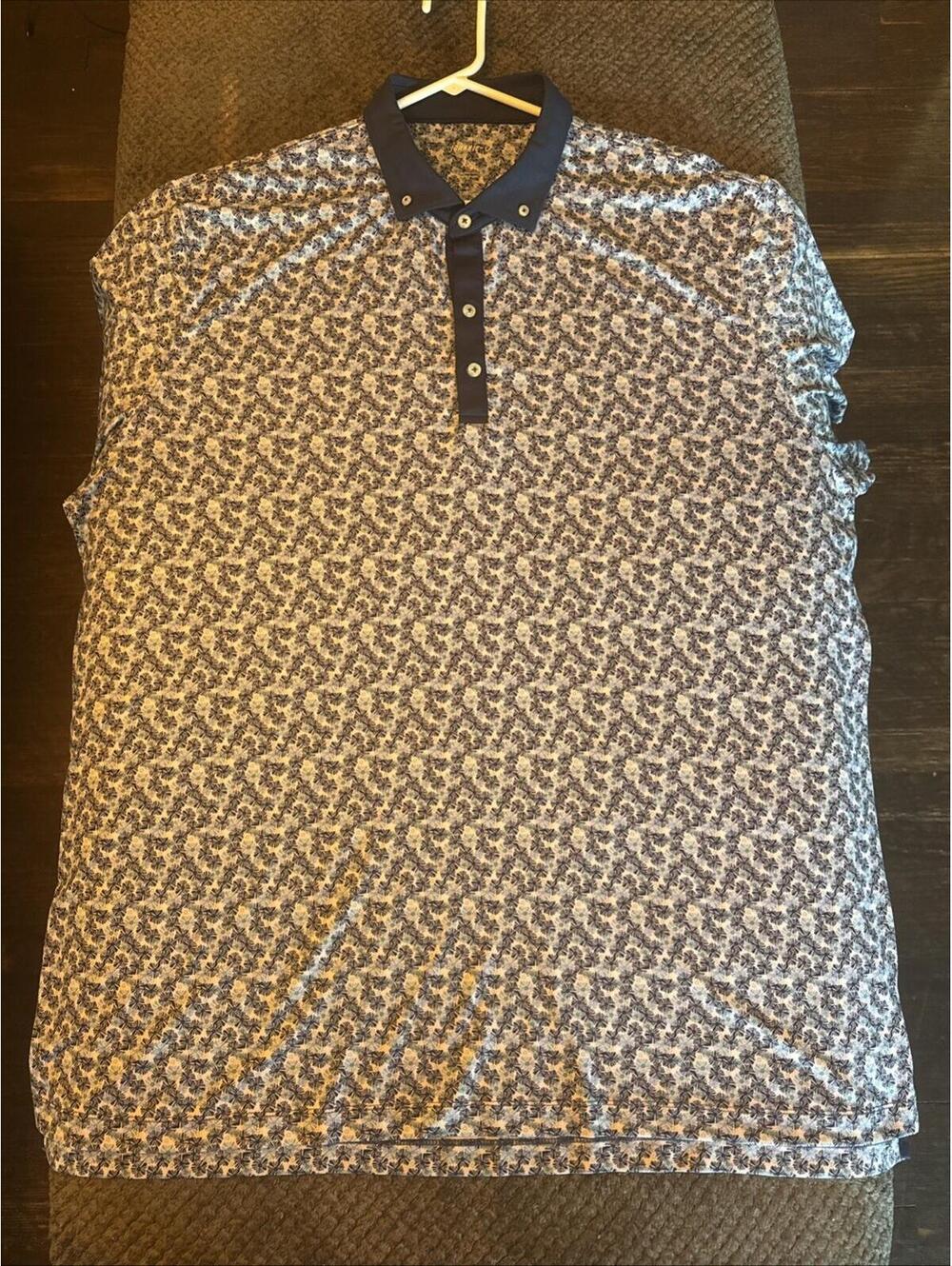 Johnnie O Polo Shirt Mens 2XL Blue White Floral Golf AOP Stretch Taz Malibu